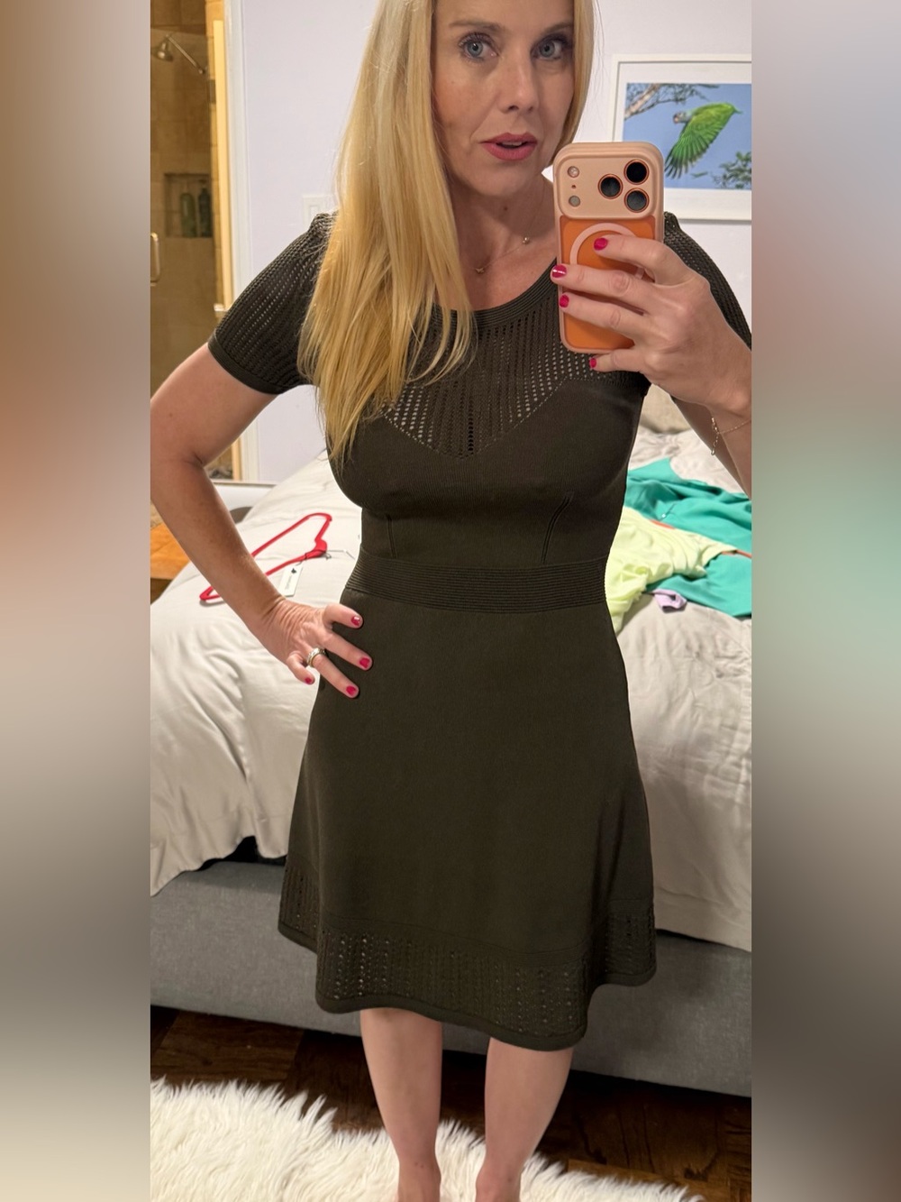 Sandro Olive Green Knit Fit-and-Flare Mini Dress